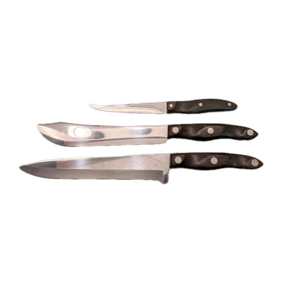 Vintage Cutco Cutlery Set of 3 Knives 1025 1022 1021 Marbled Brown Swirl Handle - Picture 1 of 7